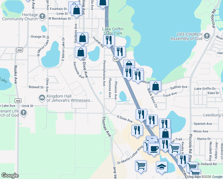 map of restaurants, bars, coffee shops, grocery stores, and more near 801 Plumosa Avenue in Fruitland Park