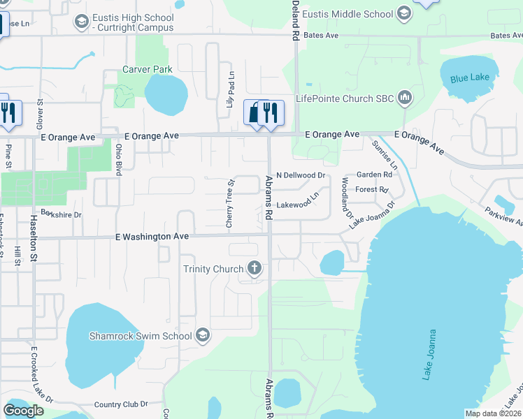 map of restaurants, bars, coffee shops, grocery stores, and more near 2681 East Washington Avenue in Eustis