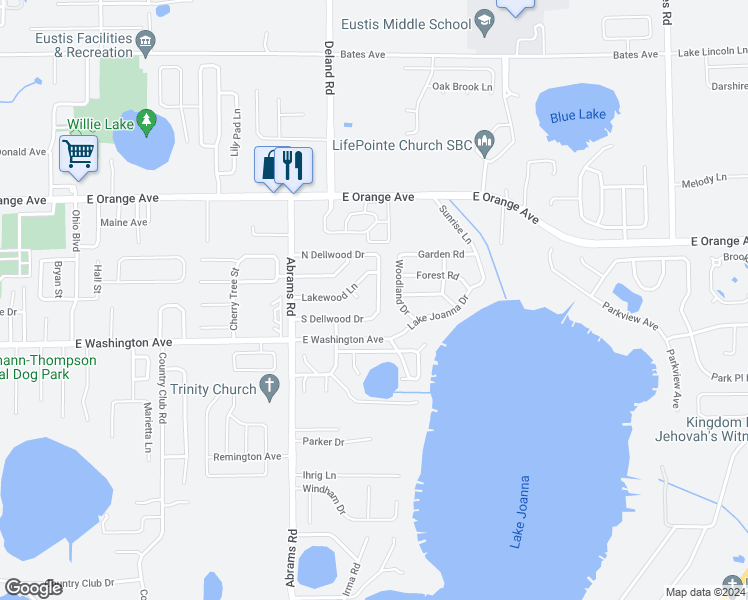 map of restaurants, bars, coffee shops, grocery stores, and more near 2731 East Dellwood Drive in Eustis