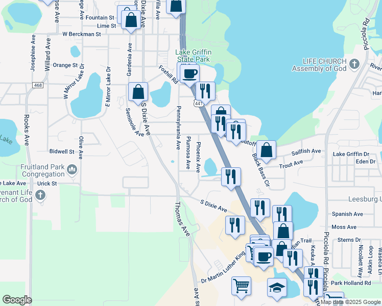 map of restaurants, bars, coffee shops, grocery stores, and more near 711 Plumosa Avenue in Fruitland Park