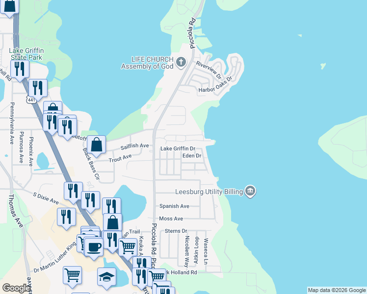 map of restaurants, bars, coffee shops, grocery stores, and more near 3896 Picciola Road in Fruitland Park