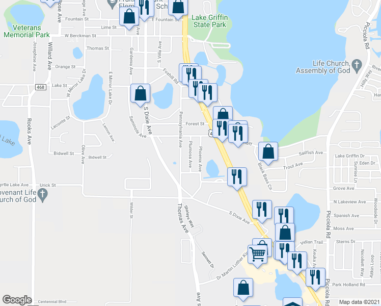 map of restaurants, bars, coffee shops, grocery stores, and more near 800 Plumosa Avenue in Fruitland Park