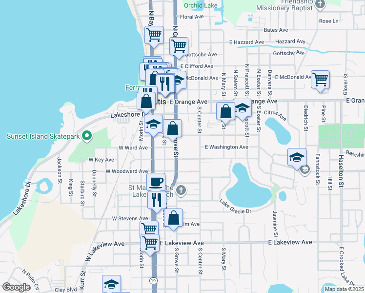 map of restaurants, bars, coffee shops, grocery stores, and more near 230 East Lemon Avenue in Eustis