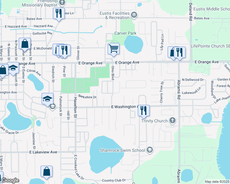 map of restaurants, bars, coffee shops, grocery stores, and more near 326 Hall Street in Eustis