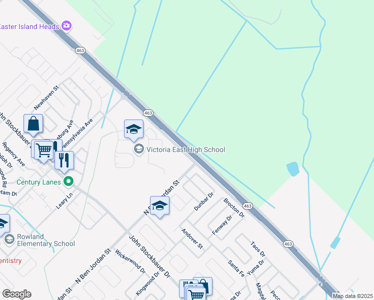 map of restaurants, bars, coffee shops, grocery stores, and more near Zac Lentz Parkway in Victoria