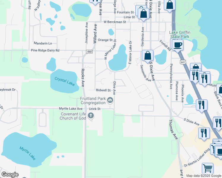 map of restaurants, bars, coffee shops, grocery stores, and more near 502 Bidwell Street in Fruitland Park