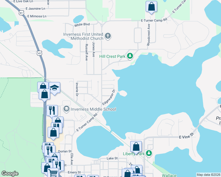 map of restaurants, bars, coffee shops, grocery stores, and more near 412 Sunset Road in Inverness