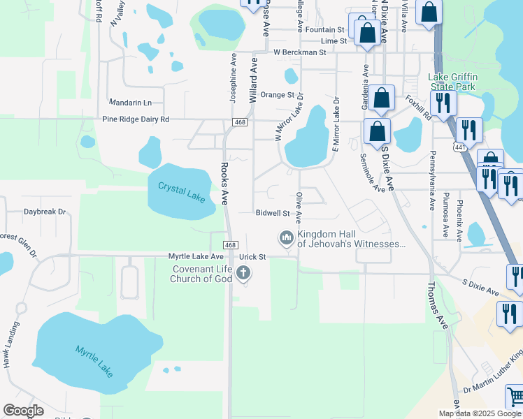 map of restaurants, bars, coffee shops, grocery stores, and more near 606 Bidwell Street in Fruitland Park