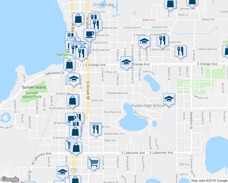 map of restaurants, bars, coffee shops, grocery stores, and more near 513 East Washington Avenue in Eustis