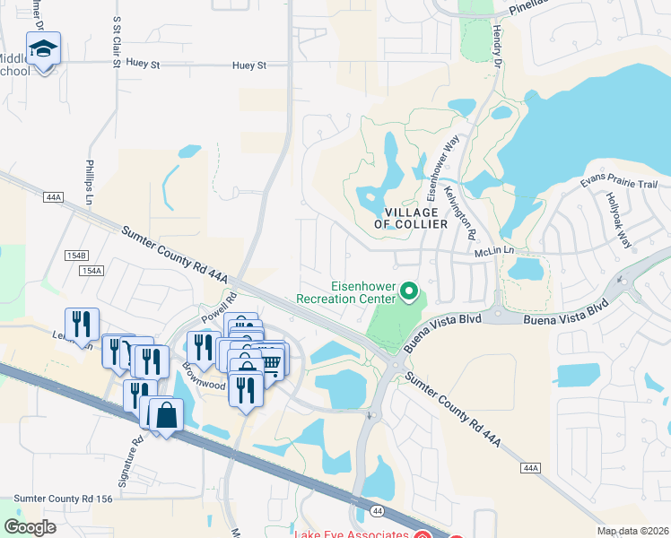 map of restaurants, bars, coffee shops, grocery stores, and more near 3441 Neaptide Path in The Villages