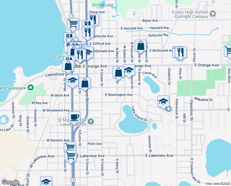 map of restaurants, bars, coffee shops, grocery stores, and more near 328 South Mary Street in Eustis