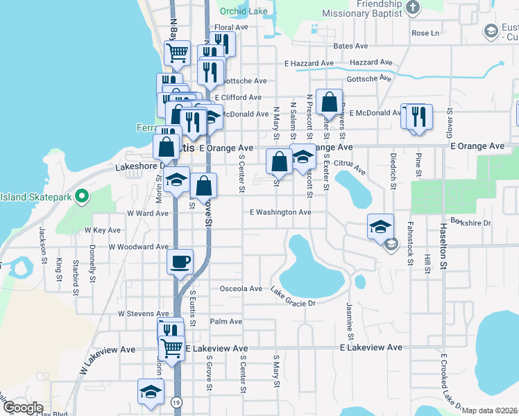 map of restaurants, bars, coffee shops, grocery stores, and more near 501 East Washington Avenue in Eustis