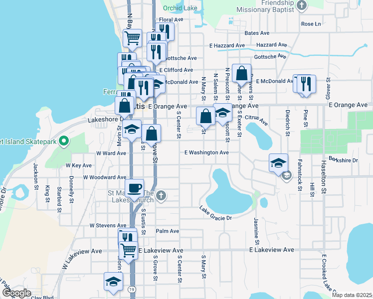 map of restaurants, bars, coffee shops, grocery stores, and more near 423 East Washington Avenue in Eustis