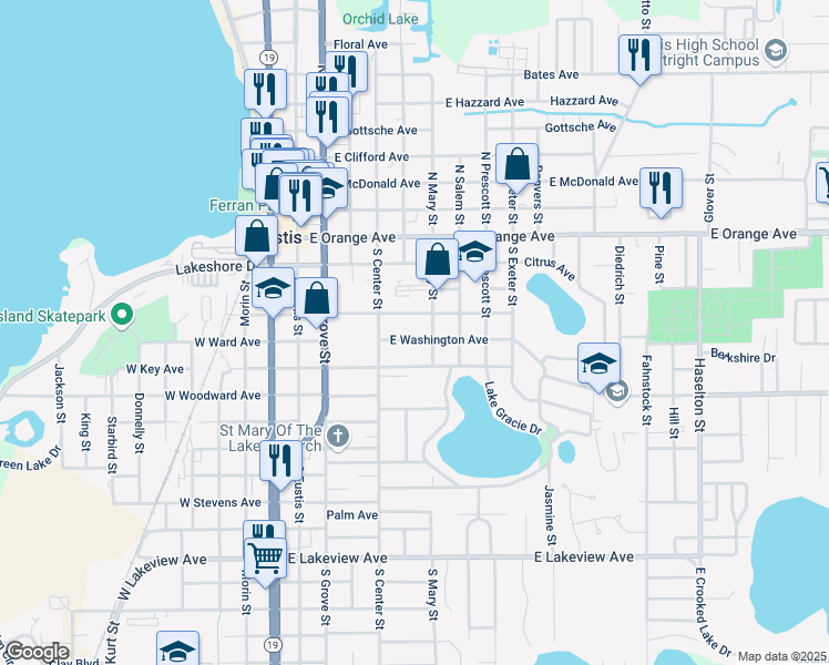 map of restaurants, bars, coffee shops, grocery stores, and more near 328 South Mary Street in Eustis