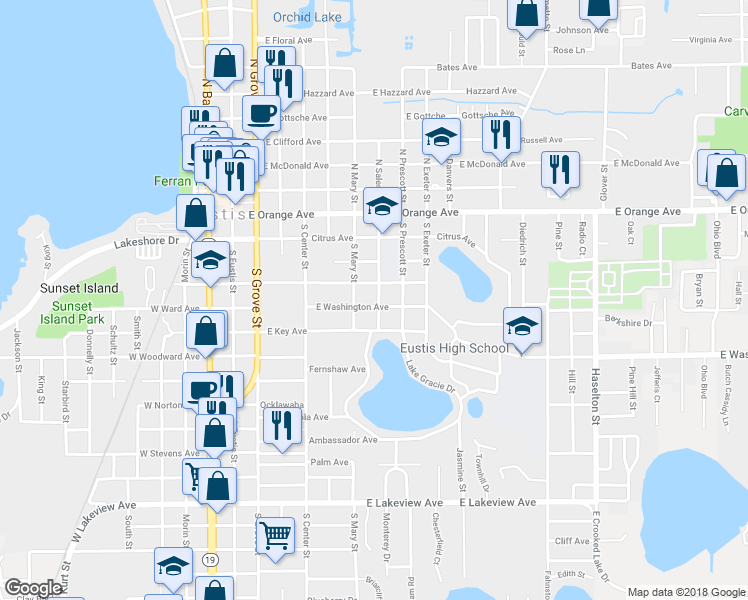 map of restaurants, bars, coffee shops, grocery stores, and more near 625 East Washington Avenue in Eustis