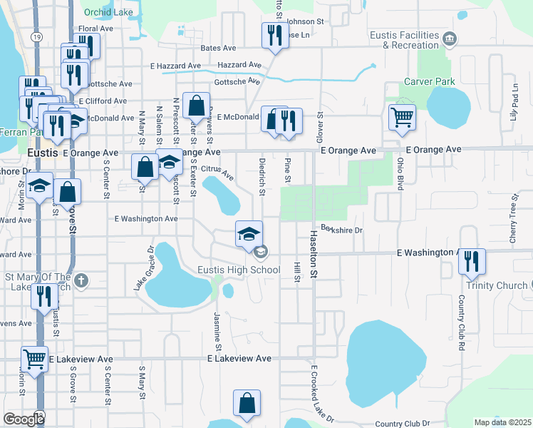 map of restaurants, bars, coffee shops, grocery stores, and more near 1325 Dean Avenue in Eustis