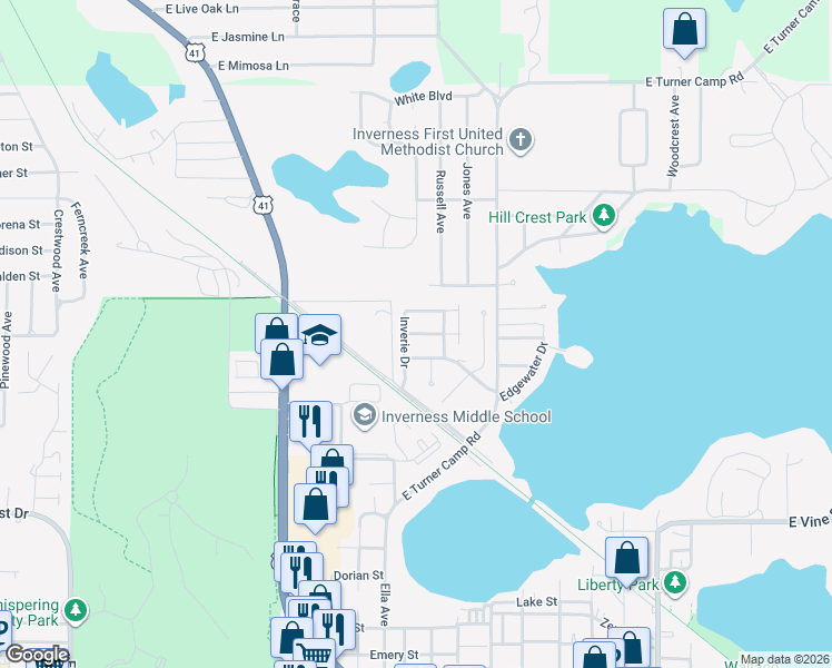 map of restaurants, bars, coffee shops, grocery stores, and more near 829 Lanark Drive in Inverness
