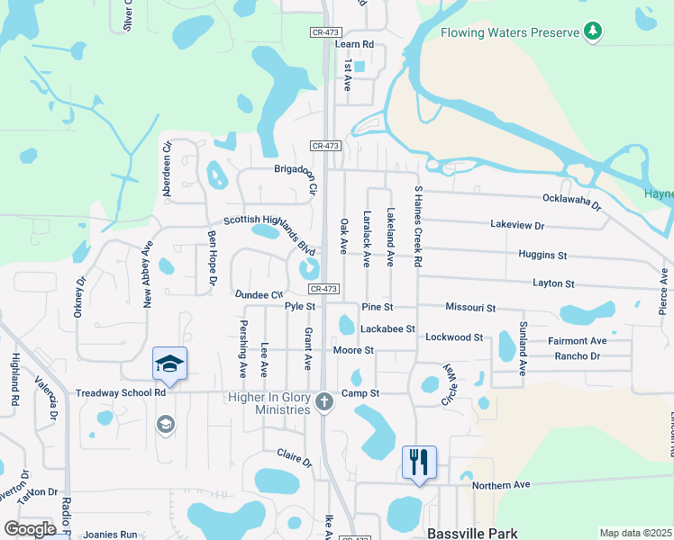 map of restaurants, bars, coffee shops, grocery stores, and more near 34321 Oak Avenue in Leesburg