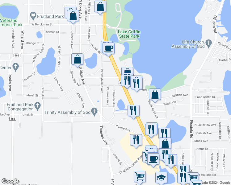 map of restaurants, bars, coffee shops, grocery stores, and more near 707 Phoenix Avenue in Fruitland Park