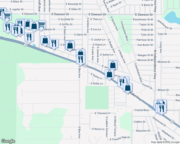 map of restaurants, bars, coffee shops, grocery stores, and more near 3455 East Suzie Lane in Inverness