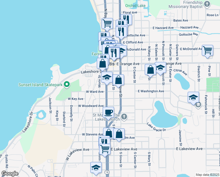 map of restaurants, bars, coffee shops, grocery stores, and more near 301 South Bay Street in Eustis