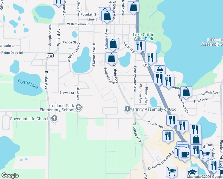 map of restaurants, bars, coffee shops, grocery stores, and more near 708 South Dixie Avenue in Fruitland Park
