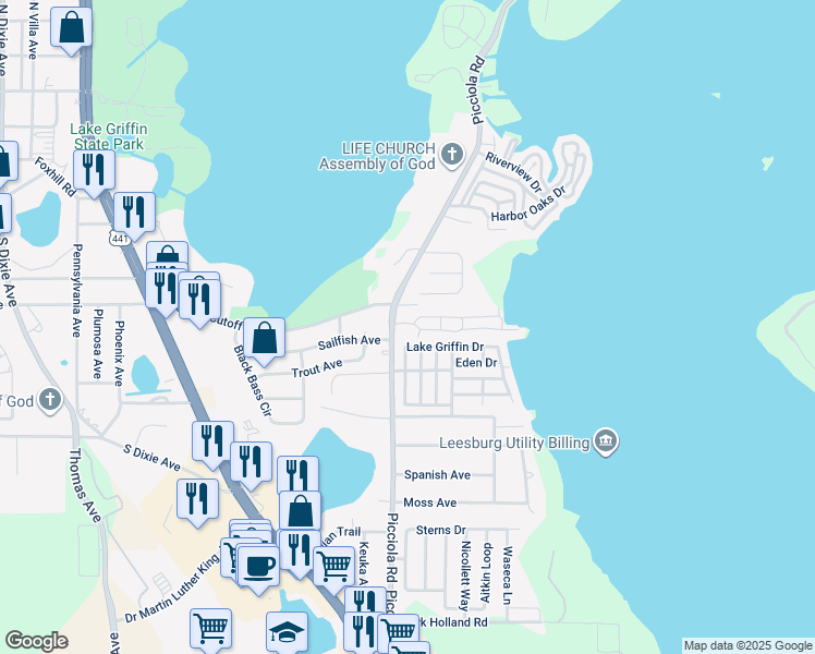 map of restaurants, bars, coffee shops, grocery stores, and more near 3896 Picciola Road in Fruitland Park