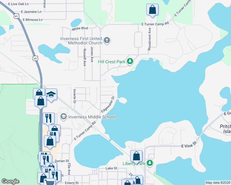map of restaurants, bars, coffee shops, grocery stores, and more near 412 Sunset Road in Inverness