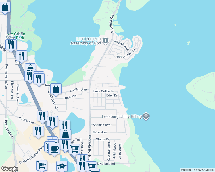 map of restaurants, bars, coffee shops, grocery stores, and more near 3896 Picciola Road in Fruitland Park