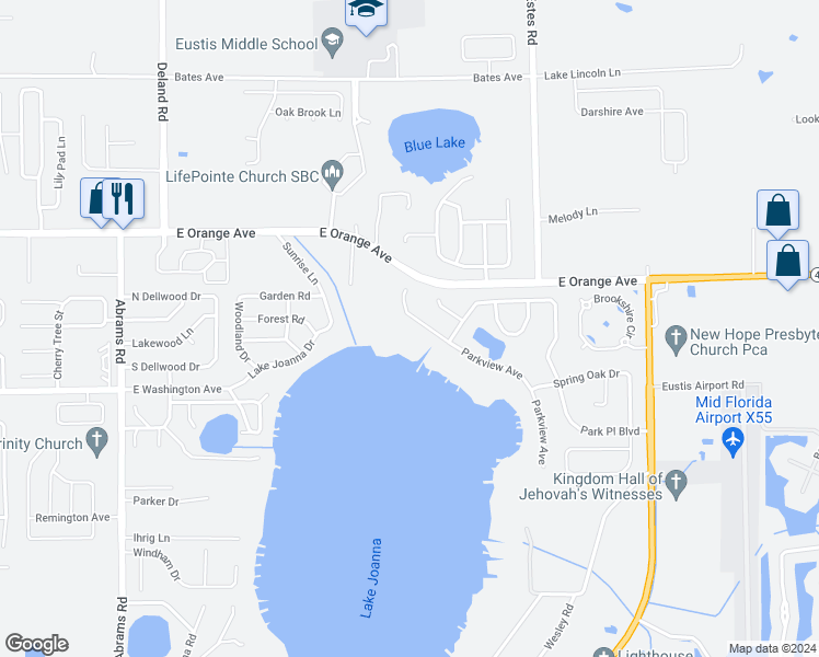 map of restaurants, bars, coffee shops, grocery stores, and more near 34503 Parkview Avenue in Eustis