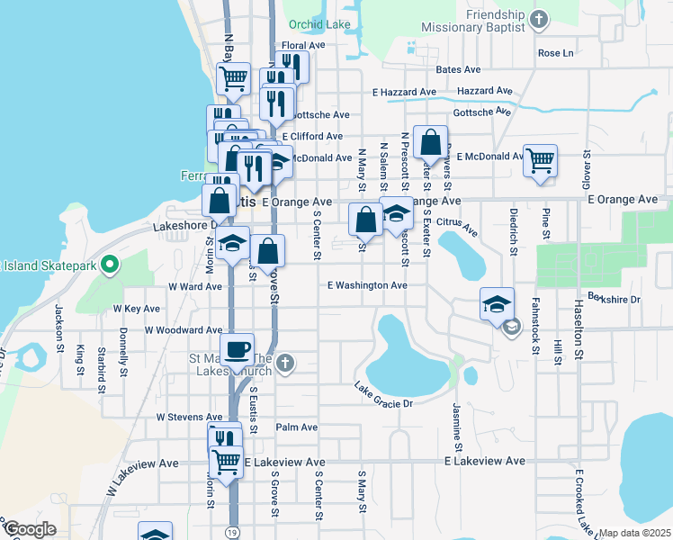 map of restaurants, bars, coffee shops, grocery stores, and more near 423 East Washington Avenue in Eustis