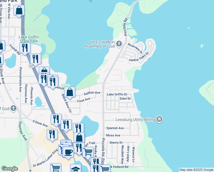 map of restaurants, bars, coffee shops, grocery stores, and more near 3896 Picciola Road in Fruitland Park