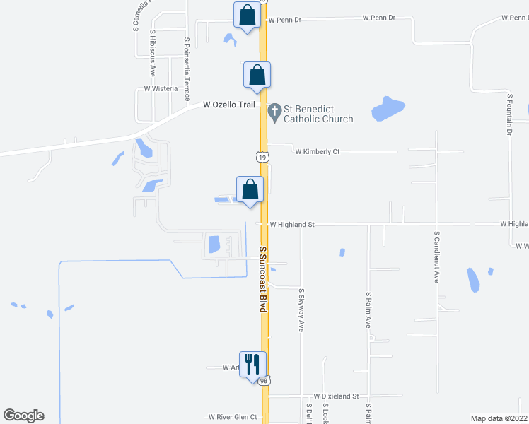map of restaurants, bars, coffee shops, grocery stores, and more near West Highland Street in Homosassa