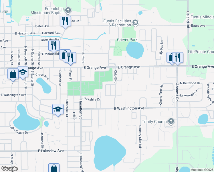 map of restaurants, bars, coffee shops, grocery stores, and more near 1918 Cornelia Drive in Eustis