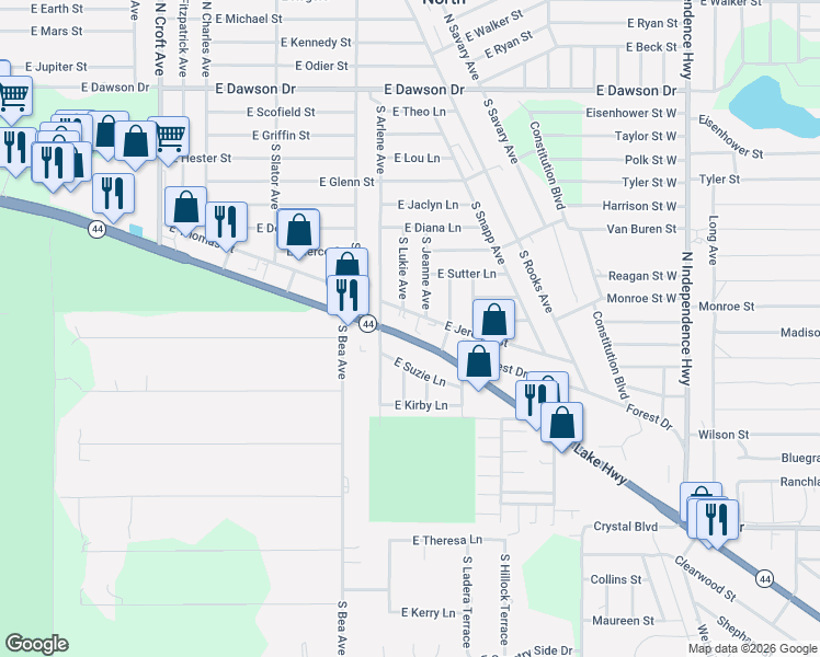 map of restaurants, bars, coffee shops, grocery stores, and more near 3478 E Jerome St in Inverness