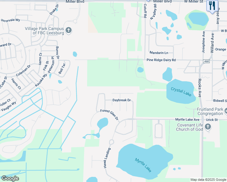 map of restaurants, bars, coffee shops, grocery stores, and more near 1706 Hoofprint Court in Fruitland Park
