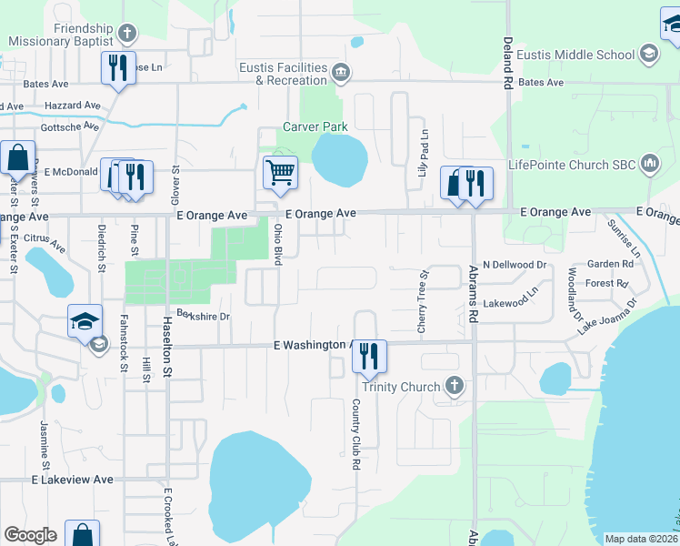 map of restaurants, bars, coffee shops, grocery stores, and more near 2412 Sandridge Circle in Eustis