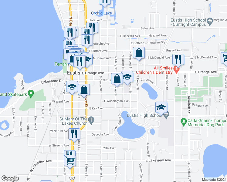 map of restaurants, bars, coffee shops, grocery stores, and more near 133 South Mary Street in Eustis