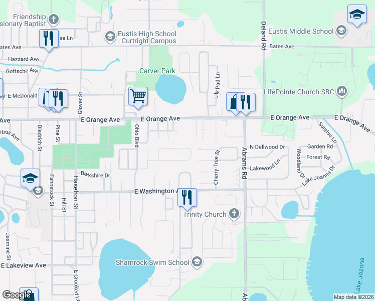 map of restaurants, bars, coffee shops, grocery stores, and more near 2301 Sandridge Circle in Eustis
