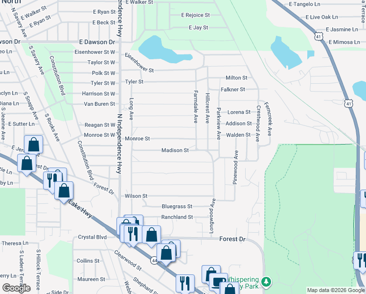 map of restaurants, bars, coffee shops, grocery stores, and more near 2313 Monroe Street in Inverness
