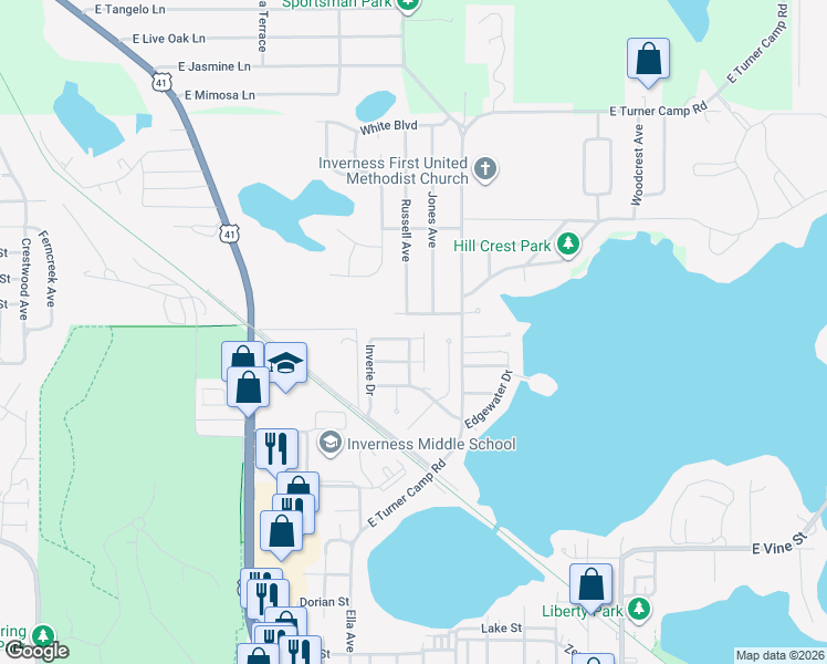 map of restaurants, bars, coffee shops, grocery stores, and more near 703 Howard Street in Inverness