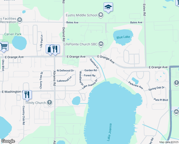 map of restaurants, bars, coffee shops, grocery stores, and more near 3007 Garden Road in Eustis