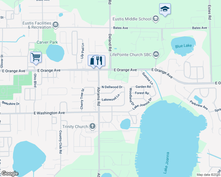 map of restaurants, bars, coffee shops, grocery stores, and more near 2717 North Dellwood Drive in Eustis