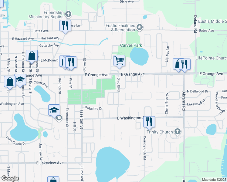 map of restaurants, bars, coffee shops, grocery stores, and more near 1918 Cornelia Drive in Eustis