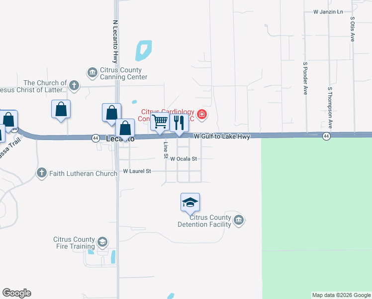 map of restaurants, bars, coffee shops, grocery stores, and more near 2890 West Church Lane in Lecanto