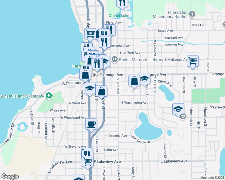 map of restaurants, bars, coffee shops, grocery stores, and more near 4 Dewitt Court in Eustis