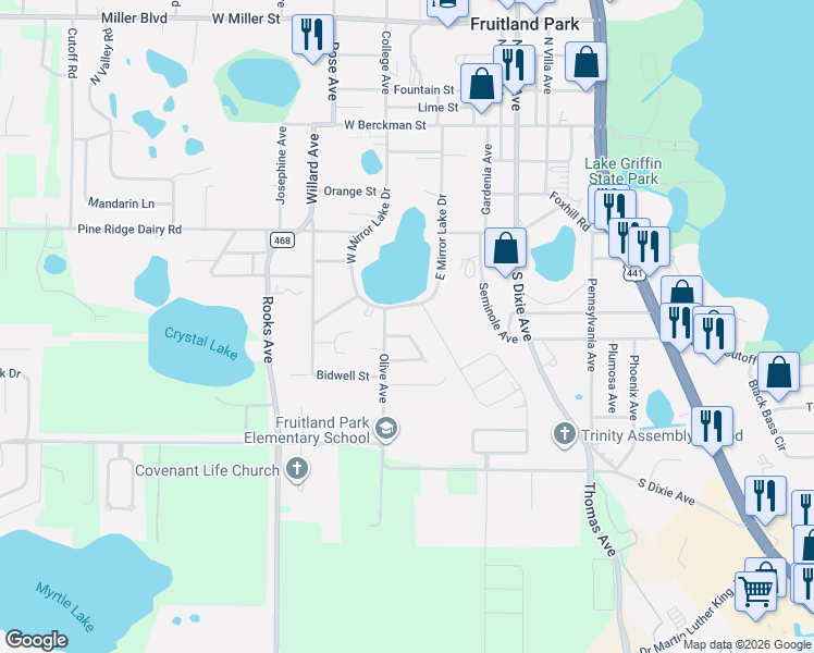 map of restaurants, bars, coffee shops, grocery stores, and more near 602 Lemon Avenue in Fruitland Park