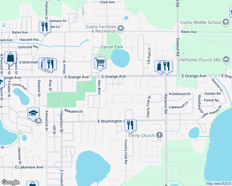 map of restaurants, bars, coffee shops, grocery stores, and more near 2412 Sandridge Circle in Eustis