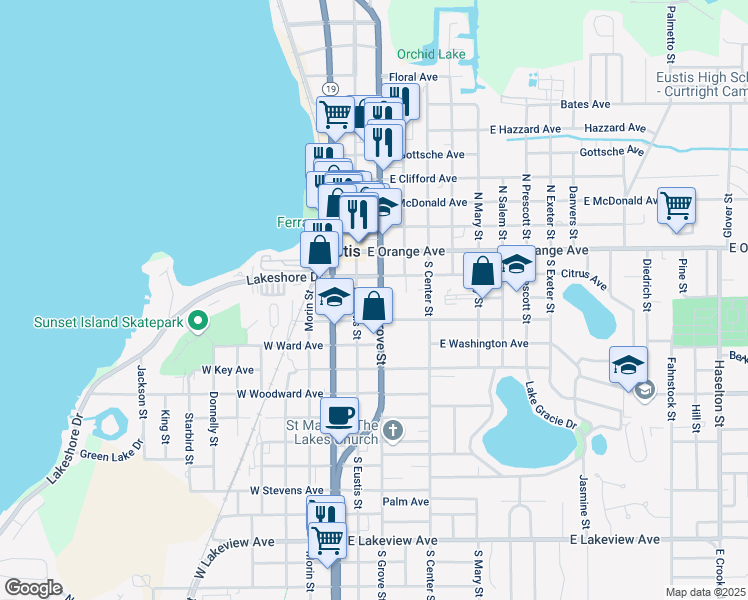 map of restaurants, bars, coffee shops, grocery stores, and more near 200 South Grove Street in Eustis