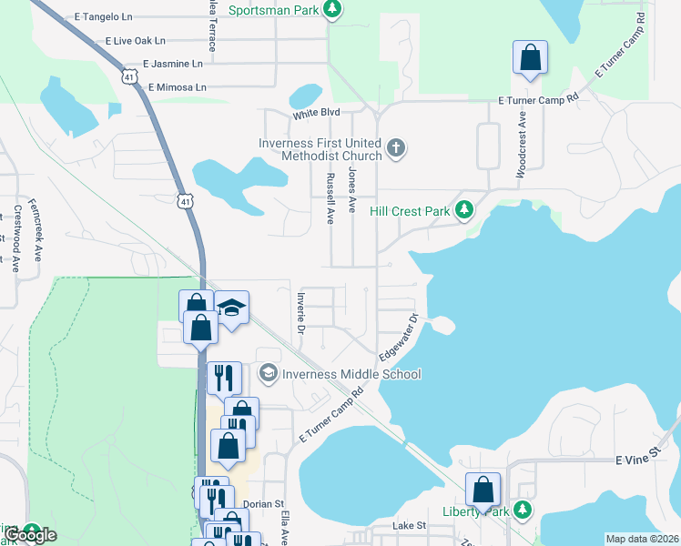 map of restaurants, bars, coffee shops, grocery stores, and more near 703 Howard Street in Inverness